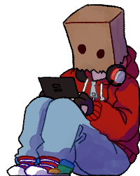 art of webmaster's persona, who wears a paper bag over its head, sitting down in the corner playing on a nintendo ds.